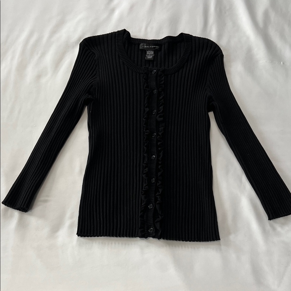 Cable & Gauge Black Silk Blend Button Down Sweater w/ Ruffle Detail